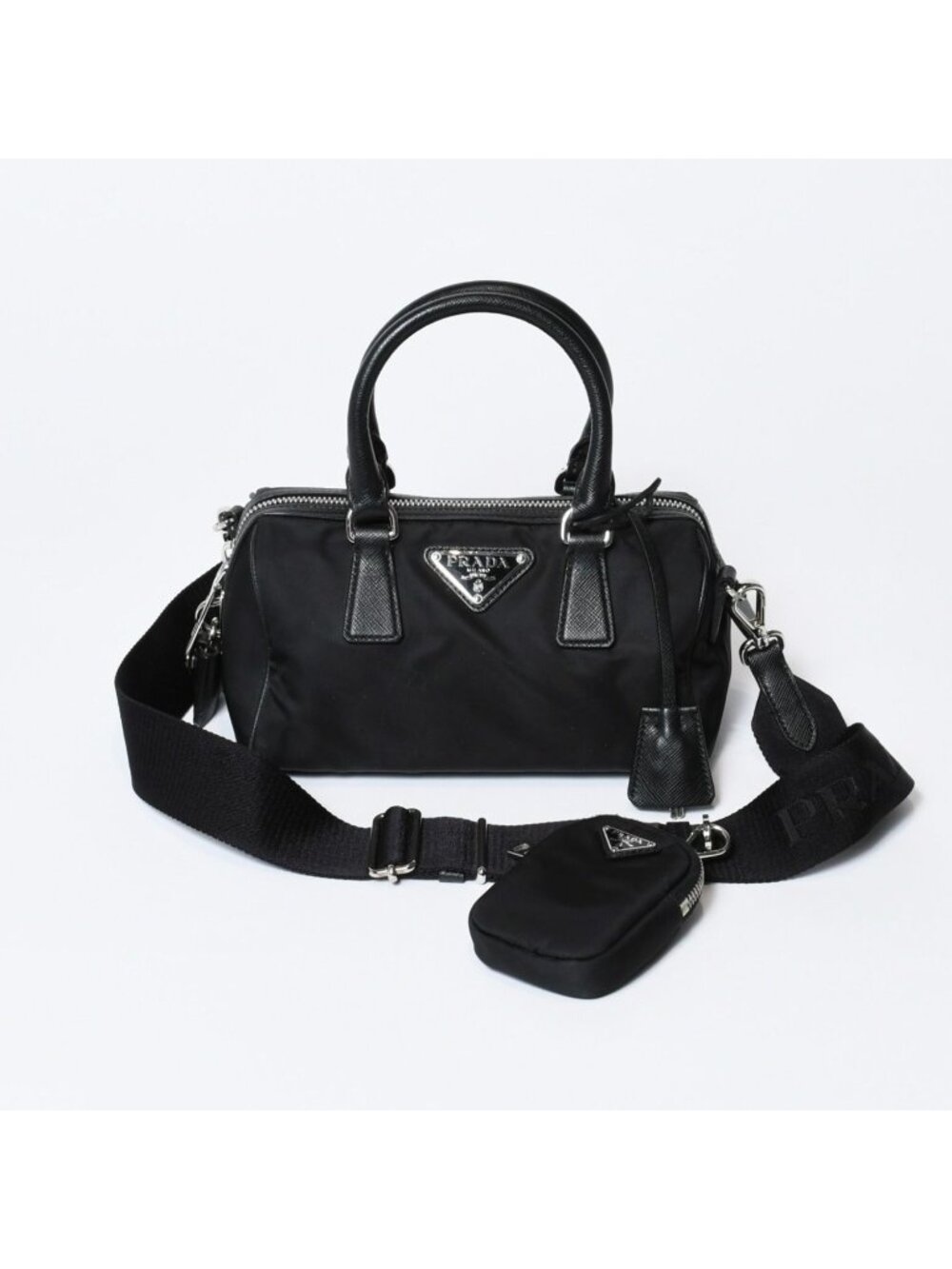 Prada Triangle Logo Shoulder Bag Black Leather Jacquard Silver